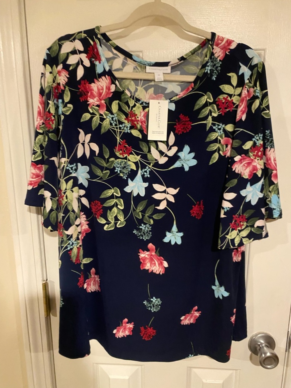Charter Club Navy Floral Scoop Neck Tunic